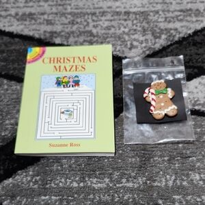 VINTAGE GINGERBREAD MAN BROOCH PIN & SUZANNE ROSS CHRISTMAS MAZES BUNDLE